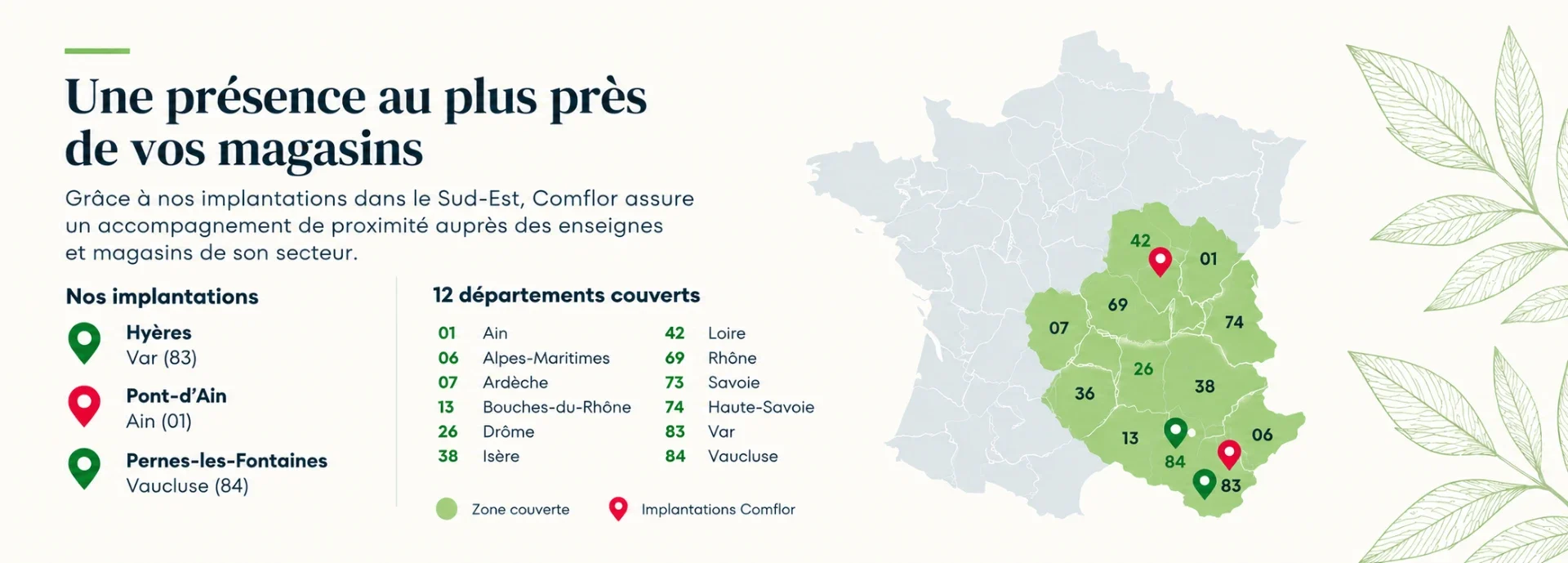 Une présence au plus près de vos magasins : entrepôts Hyères (83) et Pont-d'Ain (01), et les départements desservis